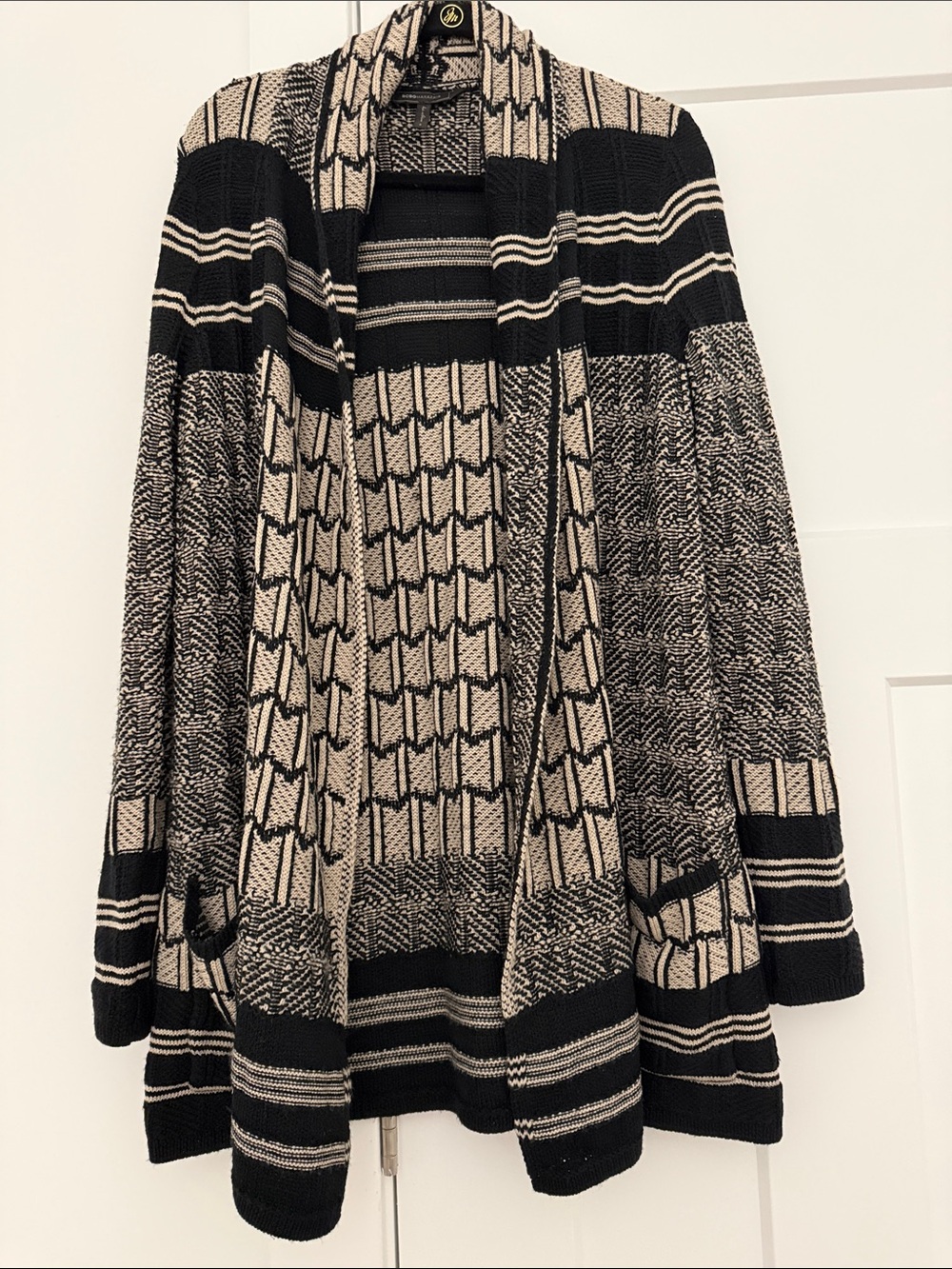 BCBGMaxAzria Black and Cream Patterned Open-Front Cardigan. S. Ptp 22”length 34”